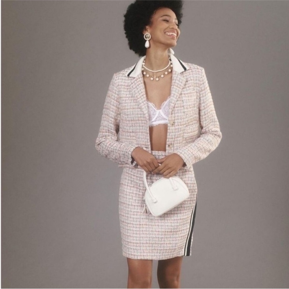 Anthropologie Maeve Pink & White Boucle Tweed Cropped Blazer
